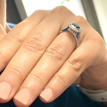 Load image into Gallery viewer, 14K Solid White Gold Natural Cushion Cut Blue Sapphire And Natural Round Cut Diamonds Engagement Ring Bezel Set 2.50ctw