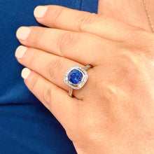 Load image into Gallery viewer, 14K Solid White Gold Natural Cushion Cut Blue Sapphire And Natural Round Cut Diamonds Engagement Ring Bezel Set 2.50ctw