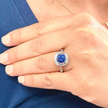 Load image into Gallery viewer, 14K Solid White Gold Cushion Cut Blue Sapphire And Round Cut Simulated Diamonds Engagement Ring Wedding Anniversary 2.50ctw