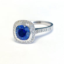 Load image into Gallery viewer, 14K Solid White Gold Cushion Cut Blue Sapphire And Round Cut Simulated Diamonds Engagement Ring Wedding Anniversary 2.50ctw