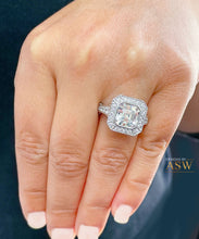 Load image into Gallery viewer, Huge and Heavy 14K Solid White Gold Asscher Cut Simulated Diamond Engagement Ring Bezel Set Halo Wedding Anniversary Round Cut 4.50ct by ASW