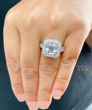 Load image into Gallery viewer, Huge and Heavy 14K Solid White Gold Asscher Cut Simulated Diamond Engagement Ring Bezel Set Halo Wedding Anniversary Round Cut 4.50ct by ASW