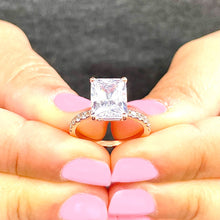 Load image into Gallery viewer, 14K Solid Rose Gold Radiant Cut Moissanite And Round Cut Natural Diamonds Engagement Ring, Anniversary, Four prong, Solitaire 4.30ctw