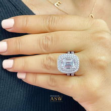 Load image into Gallery viewer, Large Double Halo 14k Solid White Gold Emerald Cut Moissanite and Round Cut Natural Diamond Engagement Ring And Band Bridal 6.30