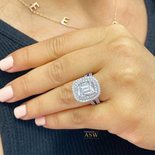 Load image into Gallery viewer, Large Double Halo 14k Solid White Gold Emerald Cut Moissanite and Round Cut Natural Diamond Engagement Ring And Band Bridal 6.30