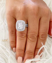 Load image into Gallery viewer, Large Double Halo 14k Solid White Gold Emerald Cut Moissanite and Round Cut Natural Diamond Engagement Ring And Band Bridal 6.30