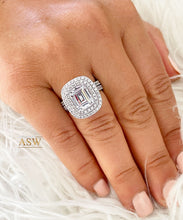 Load image into Gallery viewer, Large Double Halo 14k Solid White Gold Emerald Cut Moissanite and Round Cut Natural Diamond Engagement Ring And Band Bridal 6.30