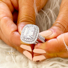 Load image into Gallery viewer, Large Double Halo 14k Solid White Gold Emerald Cut Moissanite and Round Cut Natural Diamond Engagement Ring And Band Bridal 6.30