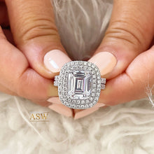 Load image into Gallery viewer, Large Double Halo 14k Solid White Gold Emerald Cut Moissanite and Round Cut Natural Diamond Engagement Ring And Band Bridal 6.30