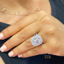 Load image into Gallery viewer, Large Double Halo 14k Solid White Gold Emerald Cut Moissanite and Round Cut Natural Diamond Engagement Ring And Band Bridal 6.30