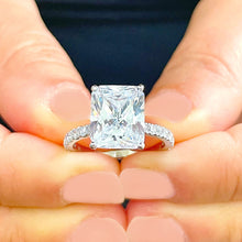 Load image into Gallery viewer, 14K Solid White Gold Radiant Cut Moissanite And Round Cut Natural Diamonds Engagement Ring, Anniversary, Four prong, Solitaire 4.30ctw