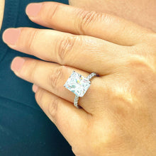 Load image into Gallery viewer, 14K Solid White Gold Radiant Cut Moissanite And Round Cut Natural Diamonds Engagement Ring, Anniversary, Four prong, Solitaire 4.30ctw