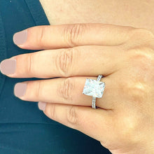 Load image into Gallery viewer, 14K Solid White Gold Radiant Cut Moissanite And Round Cut Natural Diamonds Engagement Ring, Anniversary, Four prong, Solitaire 4.30ctw