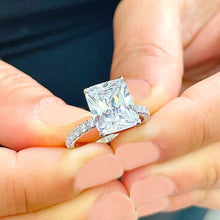 Load image into Gallery viewer, 14K Solid White Gold Radiant Cut Moissanite And Round Cut Natural Diamonds Engagement Ring, Anniversary, Four prong, Solitaire 4.30ctw