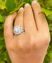 Load image into Gallery viewer, 14k Solid White gold Round And Baguettes Simulated Diamond Engagement Ring Antique Deco Design Bridal Halo, Wedding, Anniversary 3.00ctw