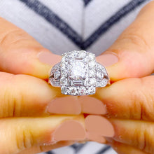 Load image into Gallery viewer, 14k Solid White gold Round And Baguettes Simulated Diamond Engagement Ring Antique Deco Design Bridal Halo, Wedding, Anniversary 3.00ctw