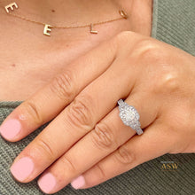 Load image into Gallery viewer, 14k Solid White Gold Cushion Cut Forever One Moissanite and Natural Round And Trapezoids Diamond Engagement Ring Halo 2.00ctw