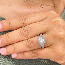 Load image into Gallery viewer, 14k Solid White Gold Cushion Cut Moissanite and Natural Round And Trapezoids Diamond Engagement Ring Halo 2.00ctw
