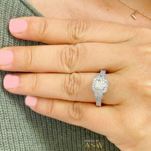 Load image into Gallery viewer, 14K Solid White Gold Cushion, Trapezoids And Round Cut Simulated Engagement Ring Halo Bridal Wedding Prong Set 2.00ctw