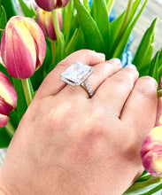 Load image into Gallery viewer, HUGE 10CT 14K Solid White Gold Radiant and Round Cut Simulated Diamonds Engagement Ring Halo Prong Set Wedding Bridal 10.70ct