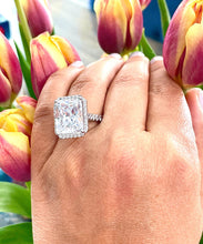 Load image into Gallery viewer, HUGE 10CT 14K Solid White Gold Radiant and Round Cut Simulated Diamonds Engagement Ring Halo Prong Set Wedding Bridal 10.70ct