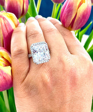 Load image into Gallery viewer, HUGE 10CT 14K Solid White Gold Radiant and Round Cut Simulated Diamonds Engagement Ring Halo Prong Set Wedding Bridal 10.70ct