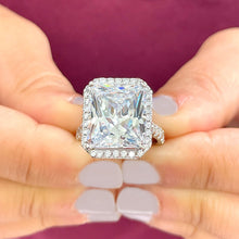Load image into Gallery viewer, HUGE 10CT 14K Solid White Gold Radiant and Round Cut Simulated Diamonds Engagement Ring Halo Prong Set Wedding Bridal 10.70ct