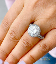 Load image into Gallery viewer, Huge 14K Solid Heavy White Gold Round Cut Forever One Moissanite and Natural Diamond Engagement Ring Halo Prong Filigree Antique Deco 6.30ct