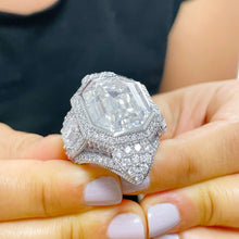 Load image into Gallery viewer, HUGE And Heavy 14k Solid white gold emerald cut moissanite engagement ring bezel and prong set bridal wedding Propose Anniversary 16.50ctw