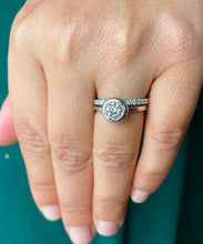 Load image into Gallery viewer, 14k solid white gold round cut simulated diamond bezel engagement ring and band, bridal set, wedding, halo three piece set 1.40ct ASW