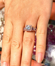 Load image into Gallery viewer, 14k Solid Rose Gold Round Cut Forever One Moissanite and Natural Diamond And Sapphire Engagement Ring, Bridal, Wedding, Halo 2.00ctw