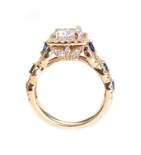 Load image into Gallery viewer, 14k Solid Rose Gold Round Cut Forever One Moissanite and Natural Diamond And Sapphire Engagement Ring, Bridal, Wedding, Halo 2.00ctw