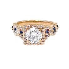 Load image into Gallery viewer, 14k Solid Rose Gold Round Cut Forever One Moissanite and Natural Diamond And Sapphire Engagement Ring, Bridal, Wedding, Halo 2.00ctw