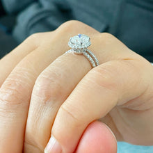 Load image into Gallery viewer, 14k Solid White Gold Oval and Round Cut Forever One Moissanite and Diamond Engagement Ring And Band Halo, Bridal, Wedding 2.25ctw