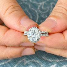 Load image into Gallery viewer, 14K Solid White Gold 2.25ct Oval and Round, Prong Deco Halo, Engagement Ring, Bridal Style, Simulated Diamond, Wedding Ring and Band Set