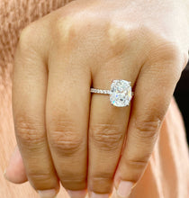 Load image into Gallery viewer, 14K Solid Rose Gold Cushion Cut Moissanite And Round Cut Natural Diamonds Engagement Ring, Four prong, Solitaire 5.00ctw