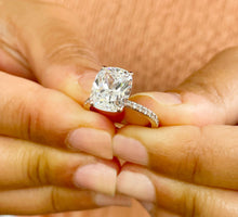 Load image into Gallery viewer, 14k Solid Rose Gold Cushion And Round Cut Simulated Diamond Engagement Ring Four Prong Style 4.25ctw