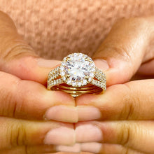 Load image into Gallery viewer, Beautiful 14k Solid Yellow Gold Round Forever One Moissanite And Natural Diamond Engagement Ring Halo Prong Set Triple Shank 3.80ctw