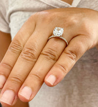 Load image into Gallery viewer, 14K Solid Yellow Gold Cushion Cut Forever One Moissanite And Round Cut Natural Diamonds Engagement Ring, Four prong, Solitaire 5.00ctw