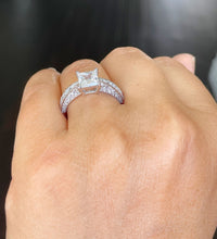 Load image into Gallery viewer, 14K Solid White Gold Princess Cut Moissanite and Natural Round Cut Diamonds Engagement Ring Deco bridal, wedding 2.40ctw