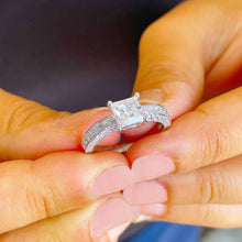 Load image into Gallery viewer, 14K Solid White Gold Princess Cut Forever One Moissanite and Natural Round Cut Diamonds Engagement Ring Deco bridal, wedding 2.40ctw