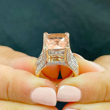 Load image into Gallery viewer, 14K Solid Rose Gold Cushion Cut Natural Peach Morganite and Round cut Simulated Diamonds Engagement Ring Bridal Wedding 6.50ctw