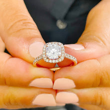 Load image into Gallery viewer, 14k Solid Rose Gold Cushion Cut Moissanite and Round Cut Natural Diamond Engagement Ring Halo Bridal Prong Set 1.80ctw