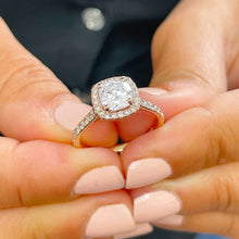 Load image into Gallery viewer, 14k Solid Rose Gold Cushion Cut Forever One Moissanite and Round Cut Natural Diamond Engagement Ring Halo Bridal Prong Set 1.80ctw