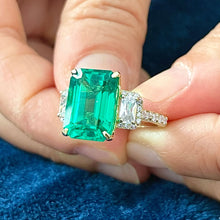 Load image into Gallery viewer, Big 14k solid yellow gold green emerald and round and emerald cut simulated diamond engagement ring bridal, wedding, promise 5.50ctw