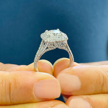 Load image into Gallery viewer, 14k Solid White Gold Cushion Cut Forever One Moissanite and Round Cut Natural Diamond Engagement Ring Double Halo, Split Shank 3.40ctw
