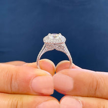 Load image into Gallery viewer, 14k Solid White Gold Cushion Cut Moissanite and Round Cut Natural Diamond Engagement Ring Double Halo, Split Shank 3.40ctw