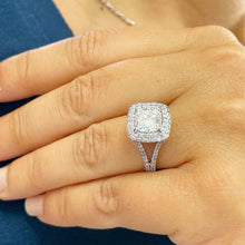 Load image into Gallery viewer, 14k Solid White Gold Cushion Round Cut Simulated Diamond Engagement Ring Double Halo, Bridal, Wedding Split Shank 3.00ctw