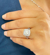 Load image into Gallery viewer, 14k Solid White Gold Cushion Cut Moissanite and Round Cut Natural Diamond Engagement Ring Double Halo, Split Shank 3.40ctw