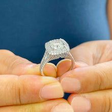 Load image into Gallery viewer, 14k Solid White Gold Cushion Cut Forever One Moissanite and Round Cut Natural Diamond Engagement Ring Double Halo, Split Shank 3.40ctw